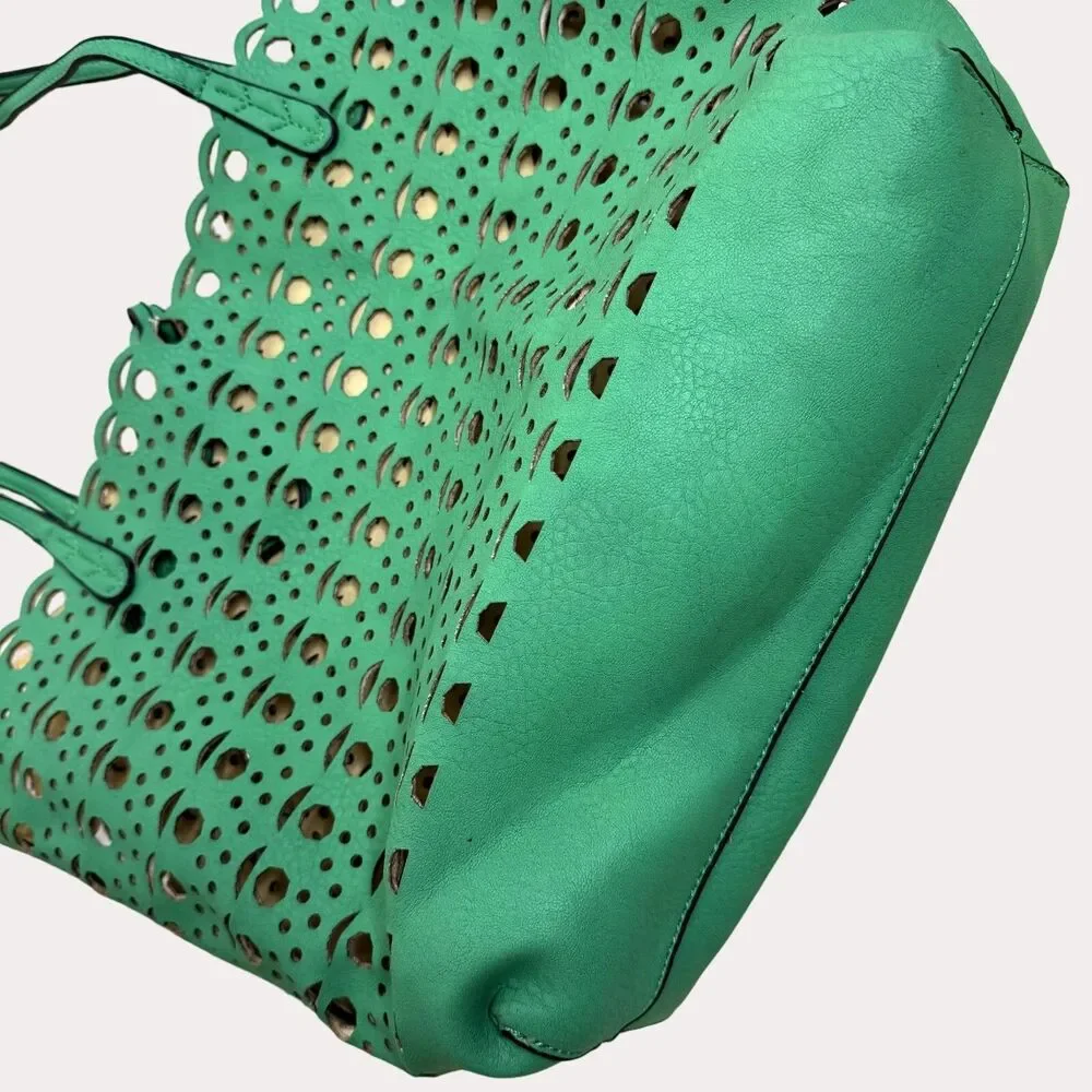 Reversible Double Handle Tote Purse Bag Cut Out Green
